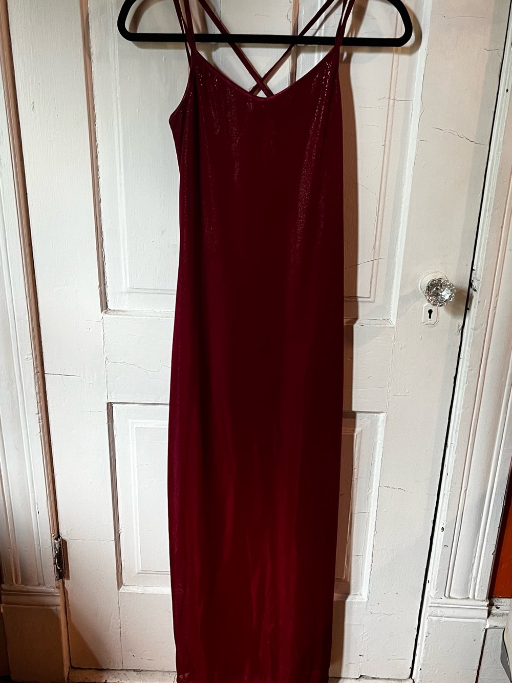 Sleek and Sparkly Burgundy Maxi Slip Dress with Cross Back Straps